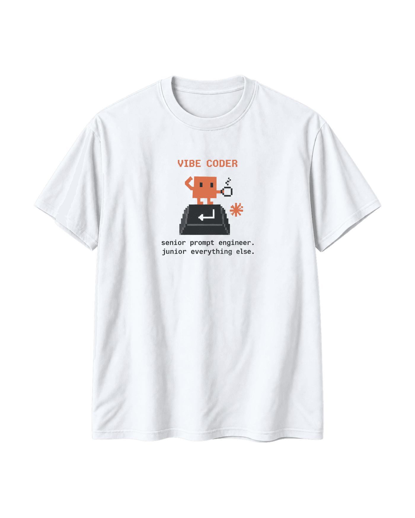 White Senior Prompt Engineer T-shirt, front view, with a pixel character on a giant Enter key and "senior prompt engineer. junior everything else.".